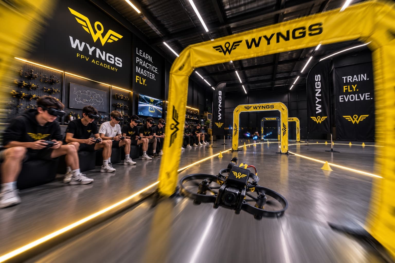Inside the WYNGS academy: cadets in goggles flying from a bench beside a wall of aircraft and screens, a lit gate on the practice floor and LEARN. PRACTICE. MASTER. FLY. on the wall.