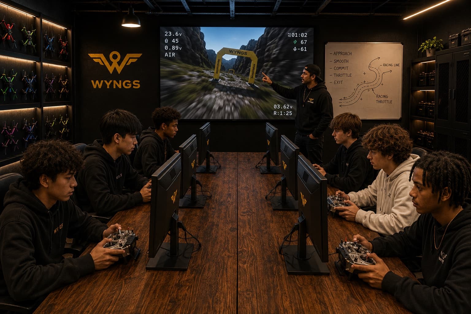The WYNGS briefing room: cadets at simulator stations down two long tables with transmitters in hand, an instructor at a wall screen playing back a flight through a race gate, a whiteboard of racing-line notes and a wall of quads.