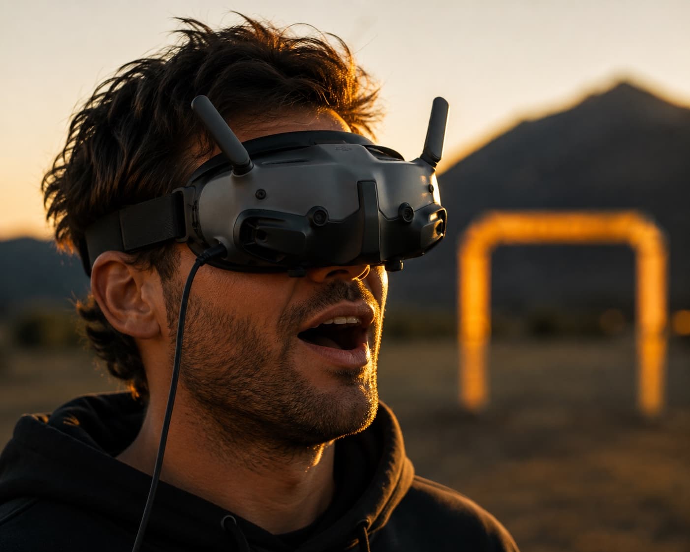 An adult pilot's genuine reaction mid-flight in FPV goggles, golden-hour light on one side of his face, a race gate soft in the background.