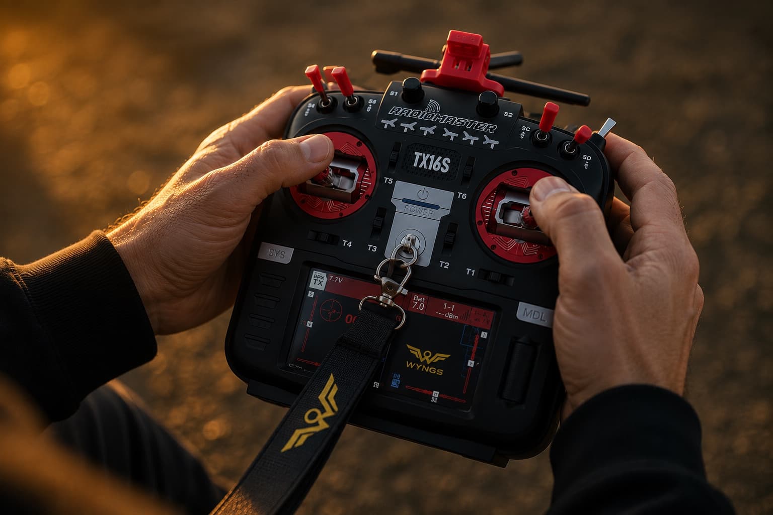 A pilot's hands on the gimbal sticks of an FPV radio transmitter at golden hour, a WYNGS lanyard hanging from it and telemetry on the screen.