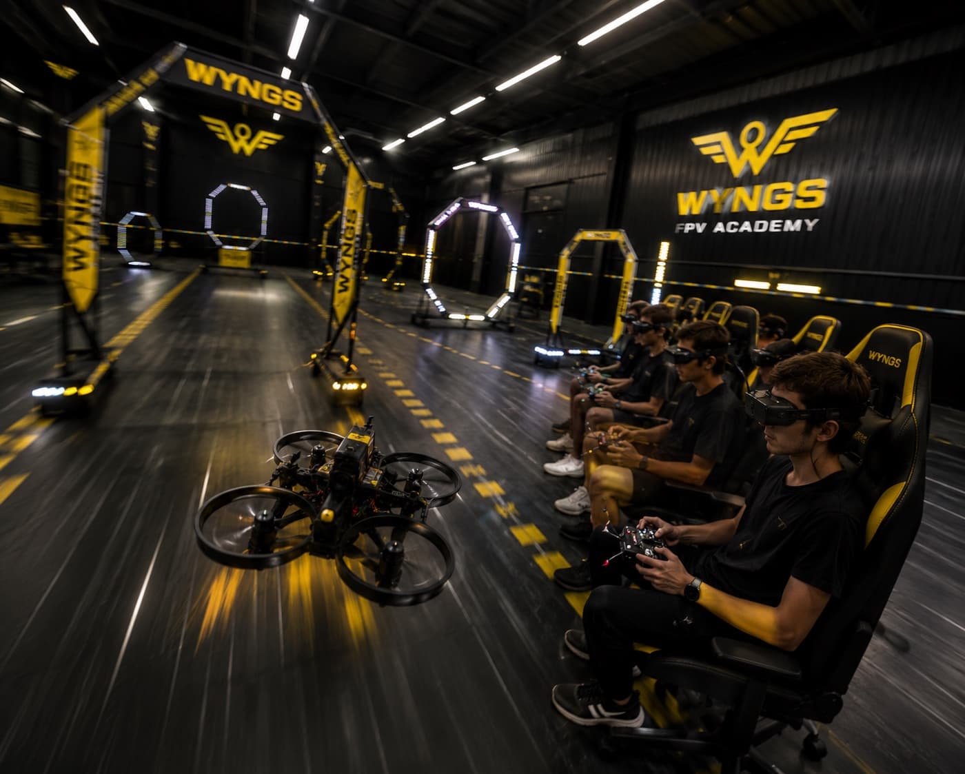 The WYNGS indoor flight zone: illuminated octagonal gates down a dark hall, a row of cadets flying from racing seats in goggles, and a ducted cinewhoop in the foreground.