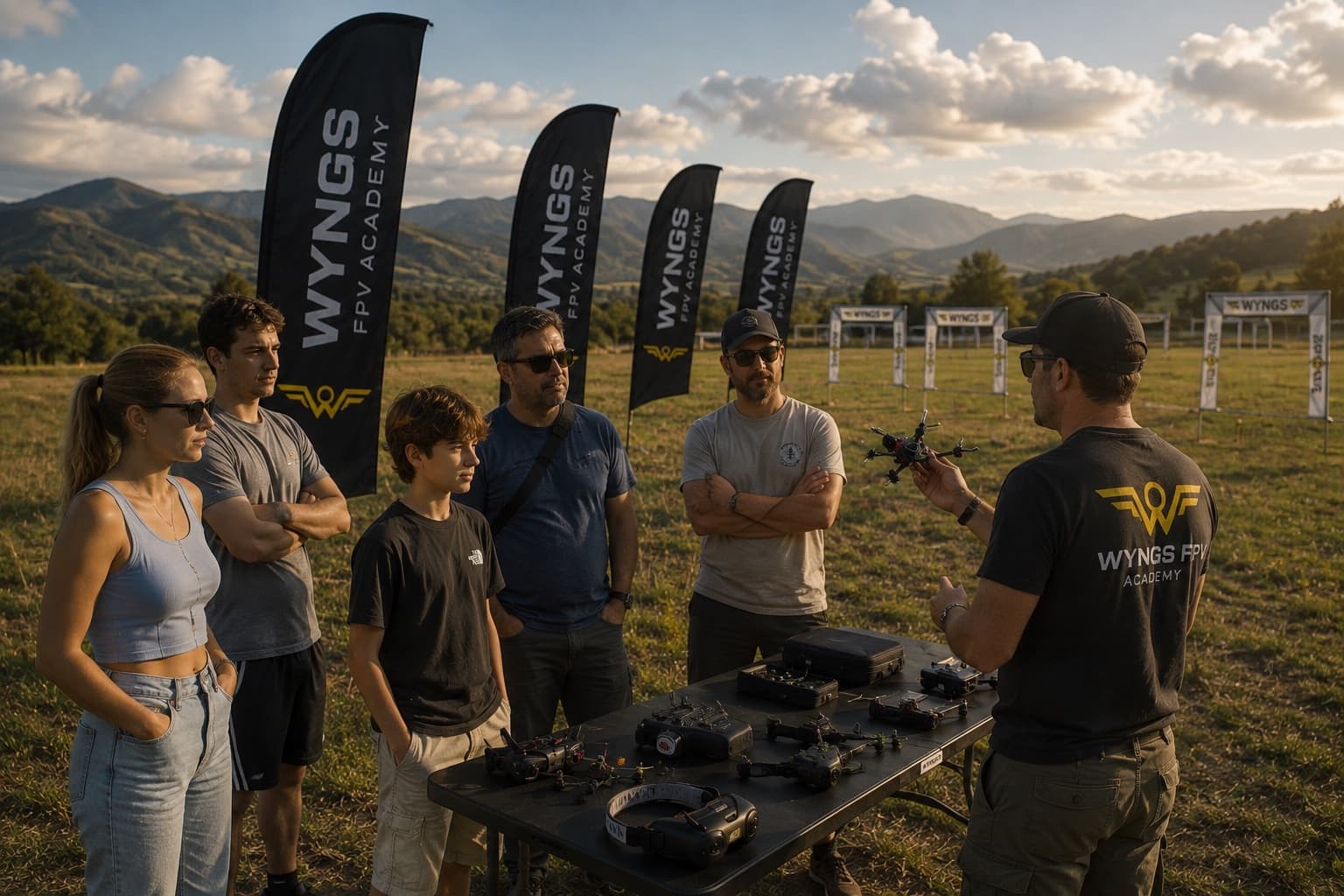 A WYNGS instructor holding up a freestyle quad and a transmitter, briefing a mixed group of adults and teenagers around a table of goggles and aircraft, with the flight line and mountains behind.