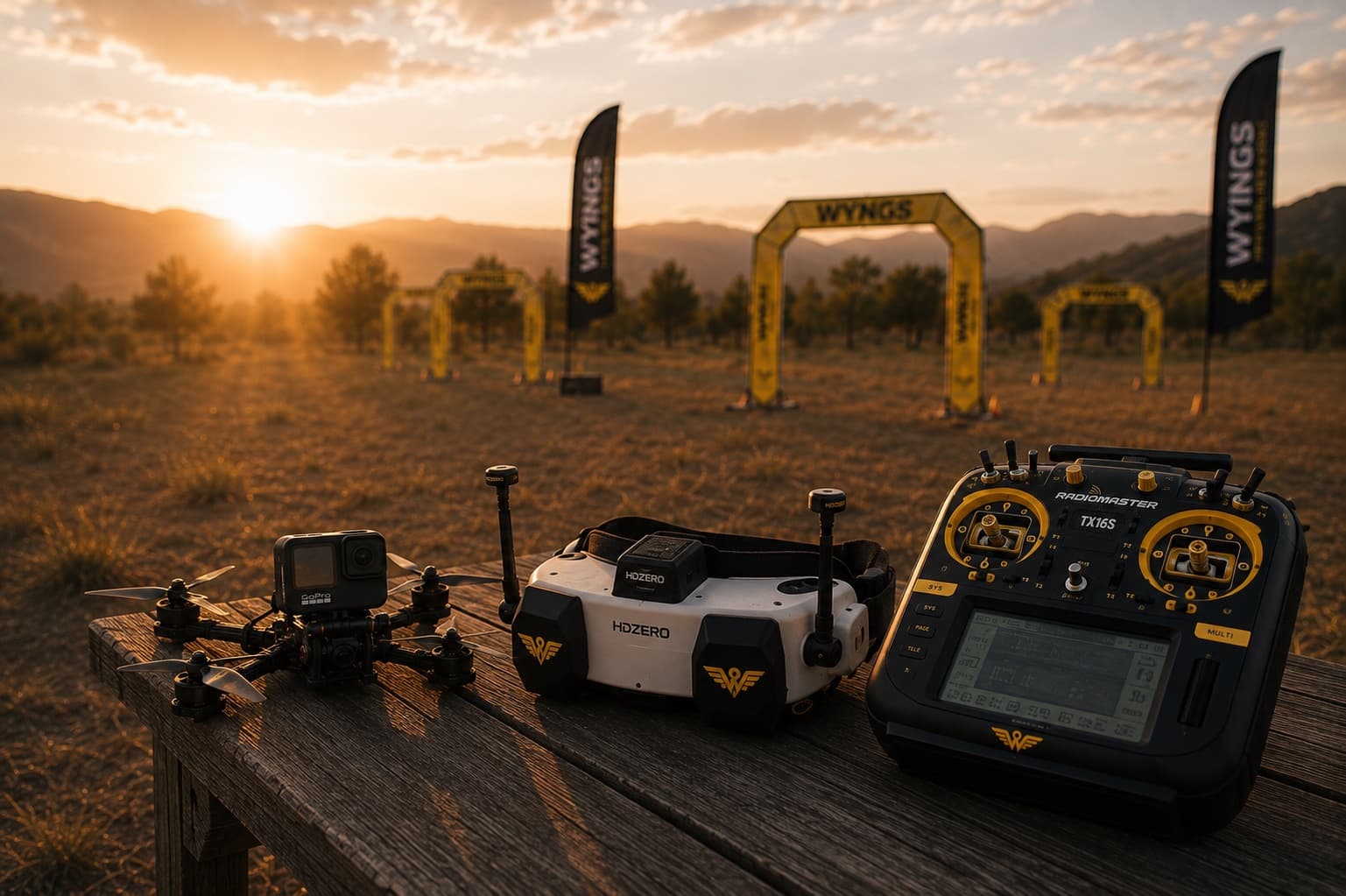 A pilot's kit laid out on a wooden bench at sunset — a freestyle quad with an action camera, FPV goggles and a radio transmitter — with WYNGS gates and flags down the flight line behind.