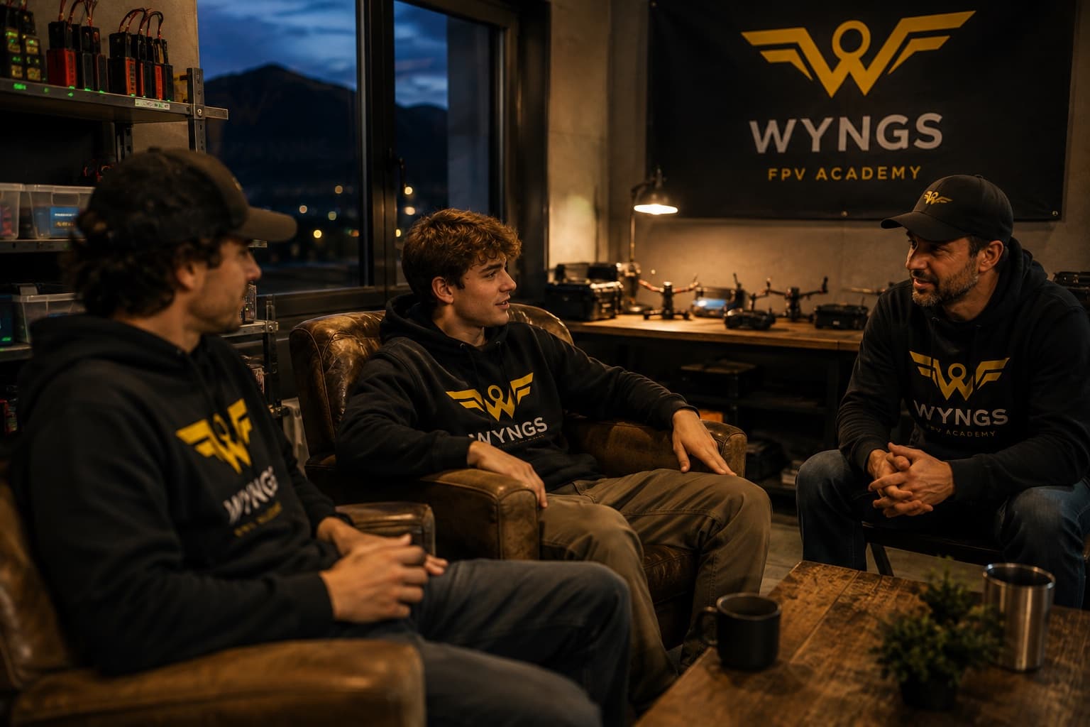 Three pilots relaxing on worn leather armchairs in the WYNGS lounge, mid-conversation, batteries charging on a shelf and quads on the workbench behind them.