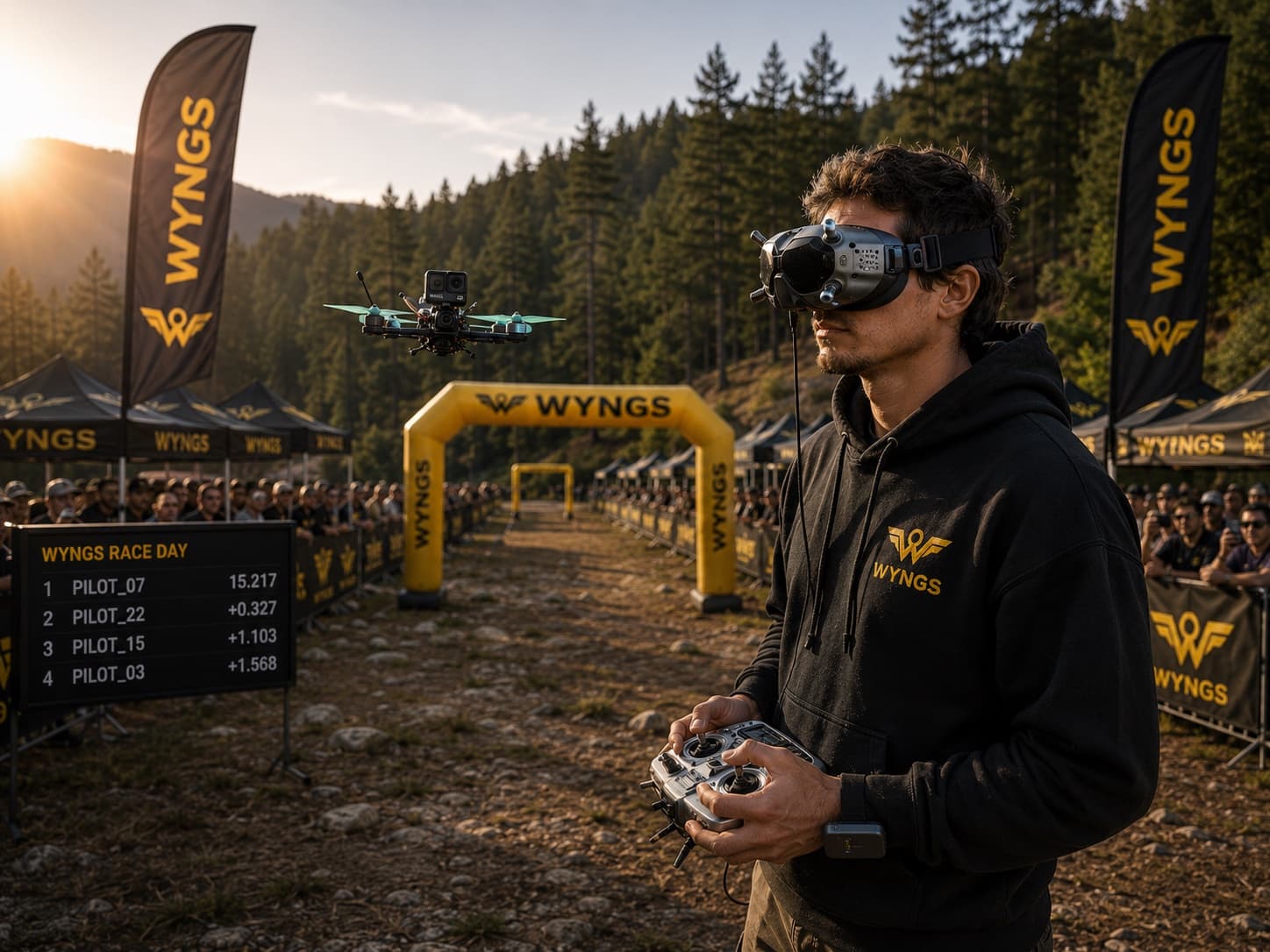 Race day at WYNGS: a pilot in FPV goggles flying from the line with a quad in the air over a yellow WYNGS gate, a timing board showing pilot positions and a crowd along the barriers.