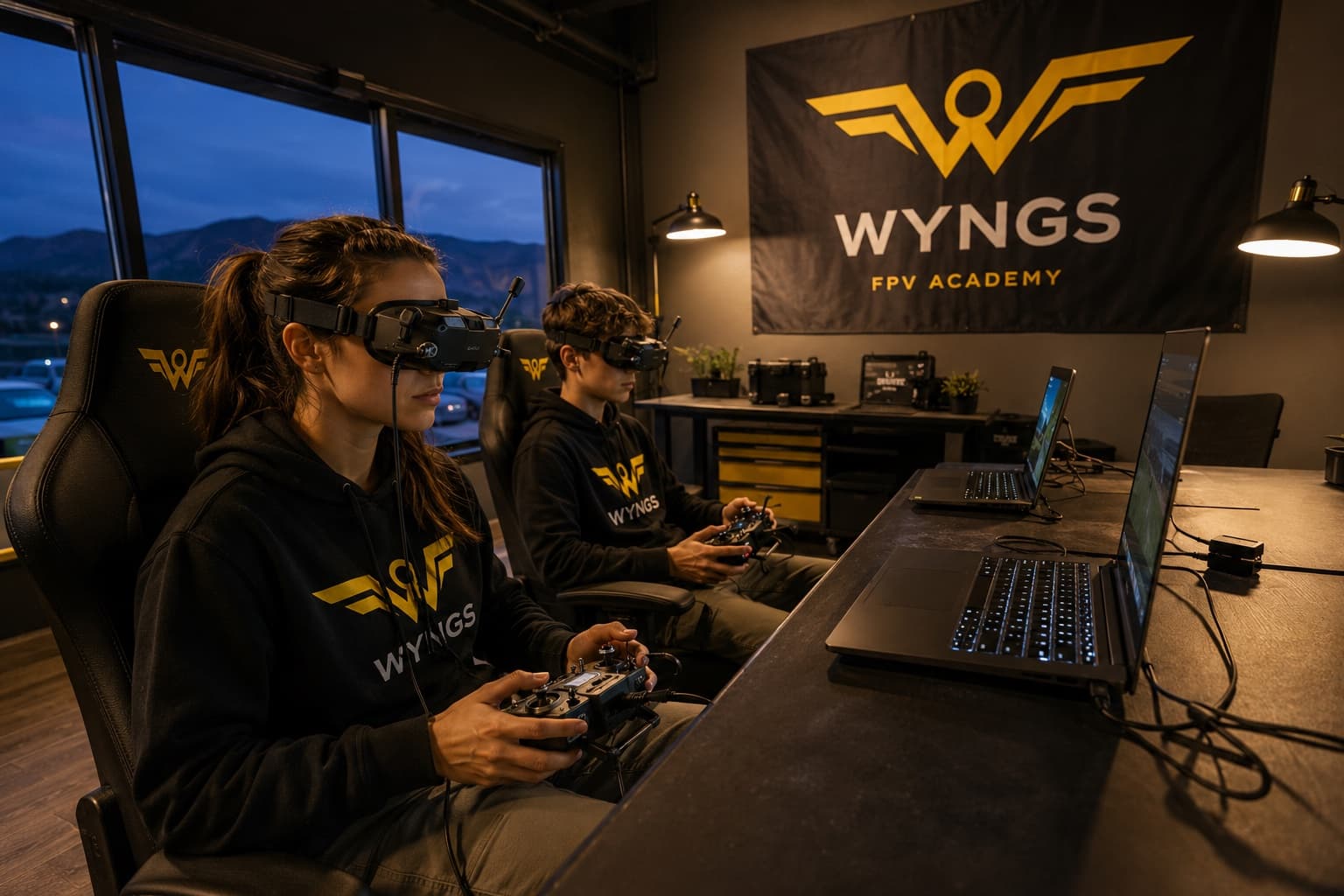 Two pilots at WYNGS simulator stations, goggles on and transmitters in hand, laptops running the sim in front of them and a WYNGS banner on the wall.