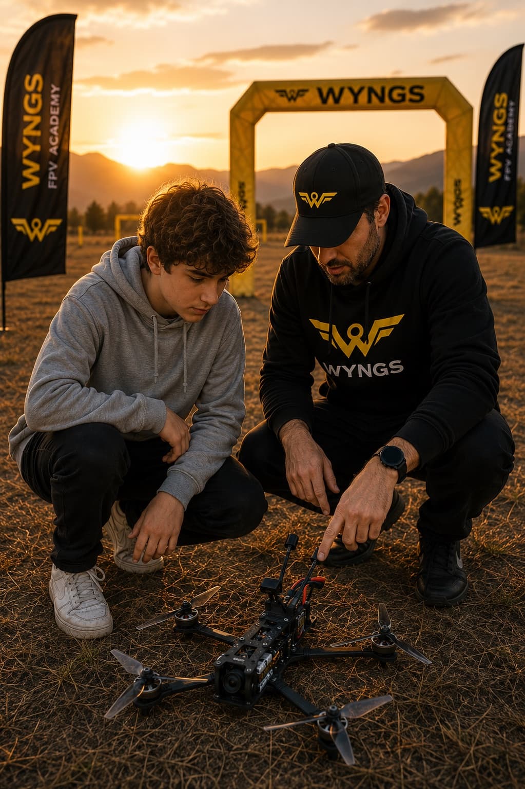 A teenager and a WYNGS instructor kneeling beside a freestyle quad at golden hour, the instructor pointing out one of its arms, a WYNGS gate and flags behind them.