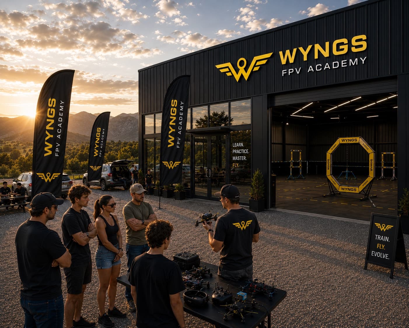 The WYNGS academy at golden hour: a black hangar with the wordmark above an open bay, an indoor flight zone and gates visible inside, and an instructor briefing a group beside a table of quads and goggles.
