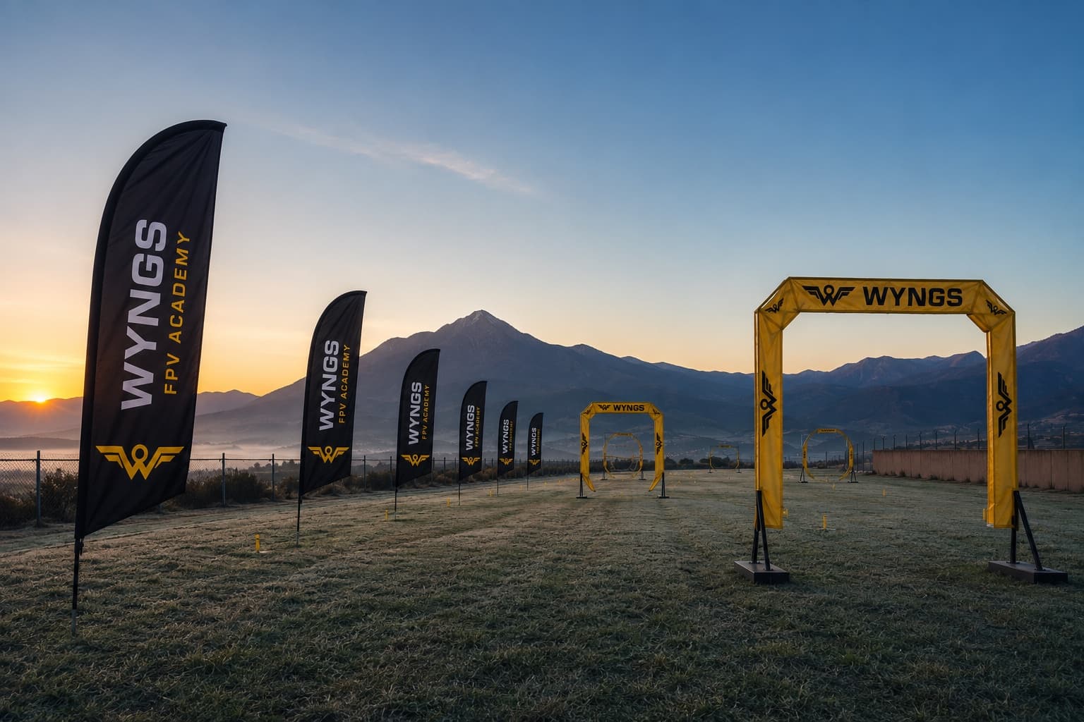 The WYNGS outdoor flight line at first light: feather flags and race gates receding toward the mountains, the grass still cool and empty.