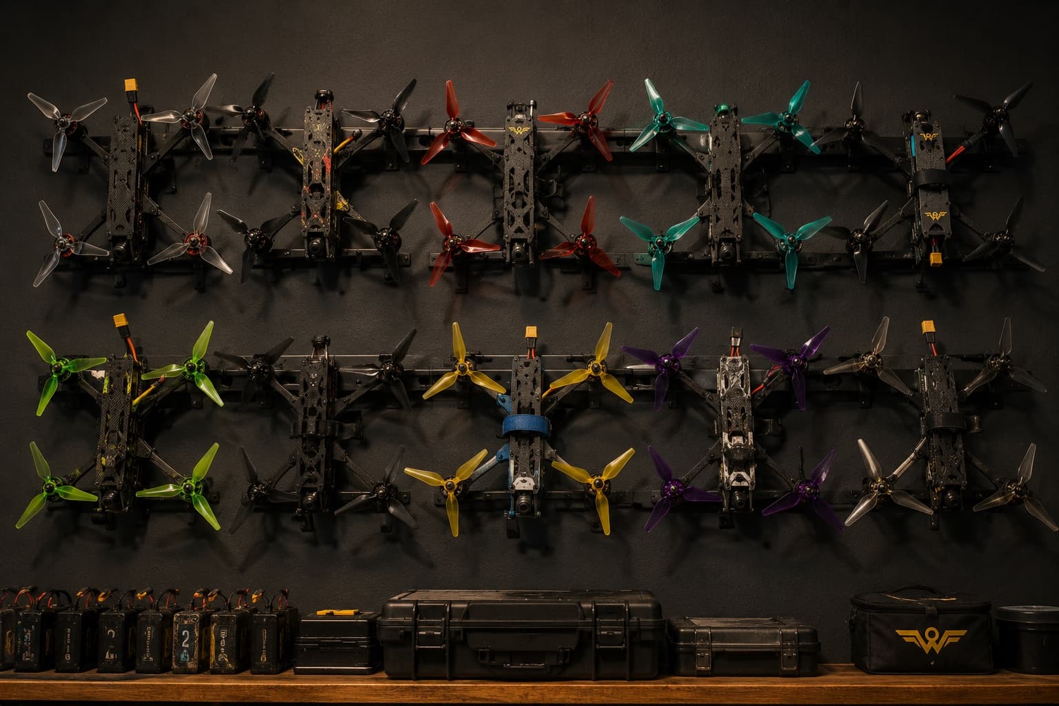 A wall-mounted rack of WYNGS freestyle quads in varied frame colours, scuffed and clearly flown, battery packs and cases on the shelf below.