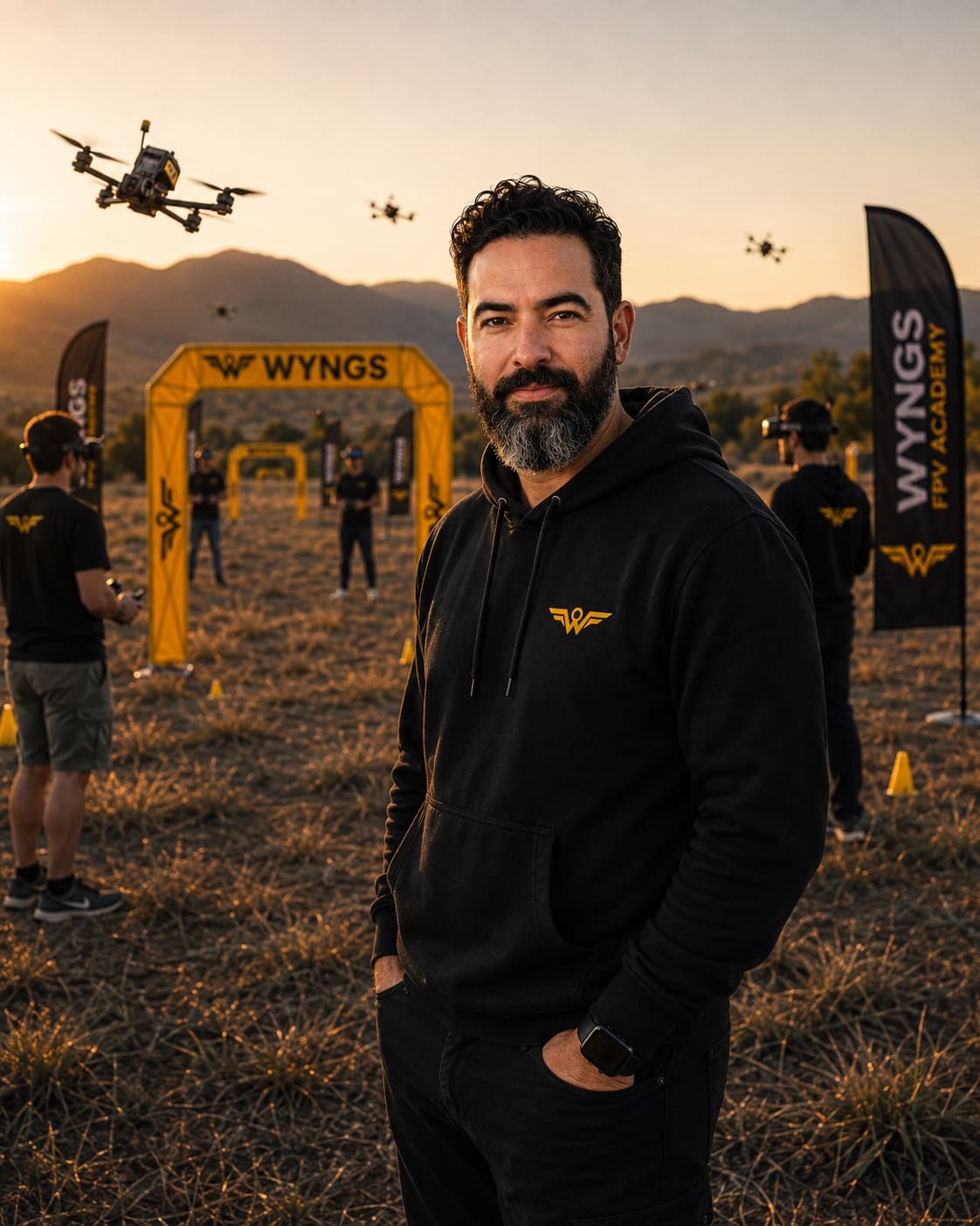 Richard Berkut, founder of WYNGS, standing on the flight line at sunset in a black WYNGS hoodie, pilots flying behind him through a line of yellow race gates.