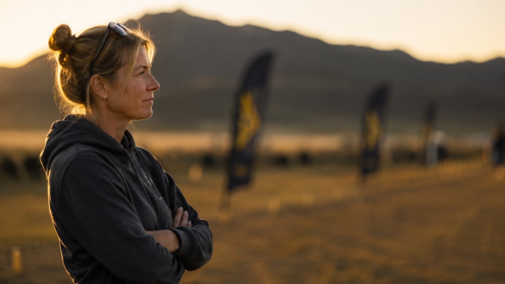 A parent standing at the edge of the WYNGS flight line at golden hour, arms crossed, watching the session with feather flags and mountains behind her.
