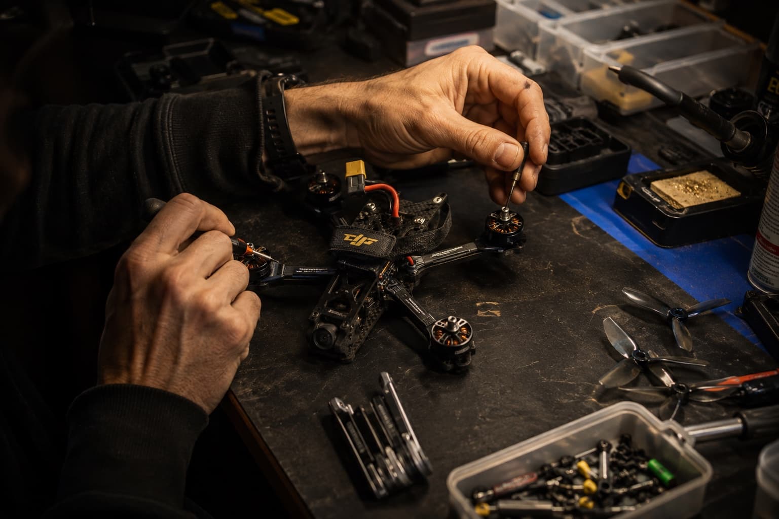 Hands mid-repair on a WYNGS freestyle quad at the workbench, a multi-tool, spare propellers and a parts tray scattered nearby.