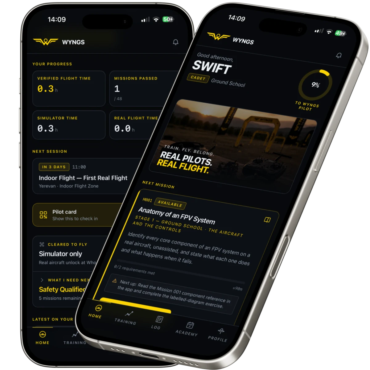 Two phones showing the WYNGS app: a pilot's progress screen with verified flight time and next session, and the home screen greeting a cadet with their next mission.
