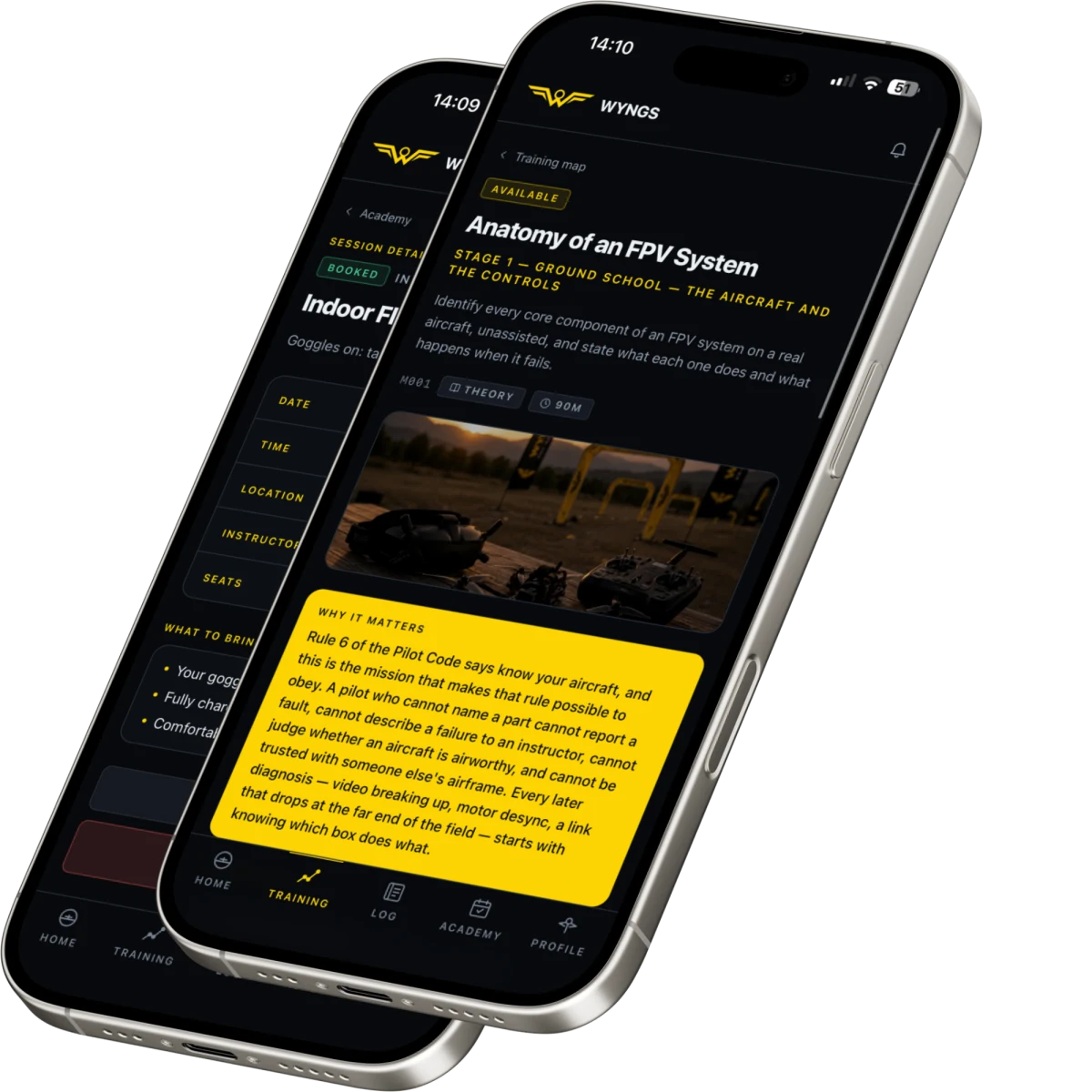 Two phones showing the WYNGS app: a booked session's details, and a mission brief for Anatomy of an FPV System with a highlighted "why it matters" note.