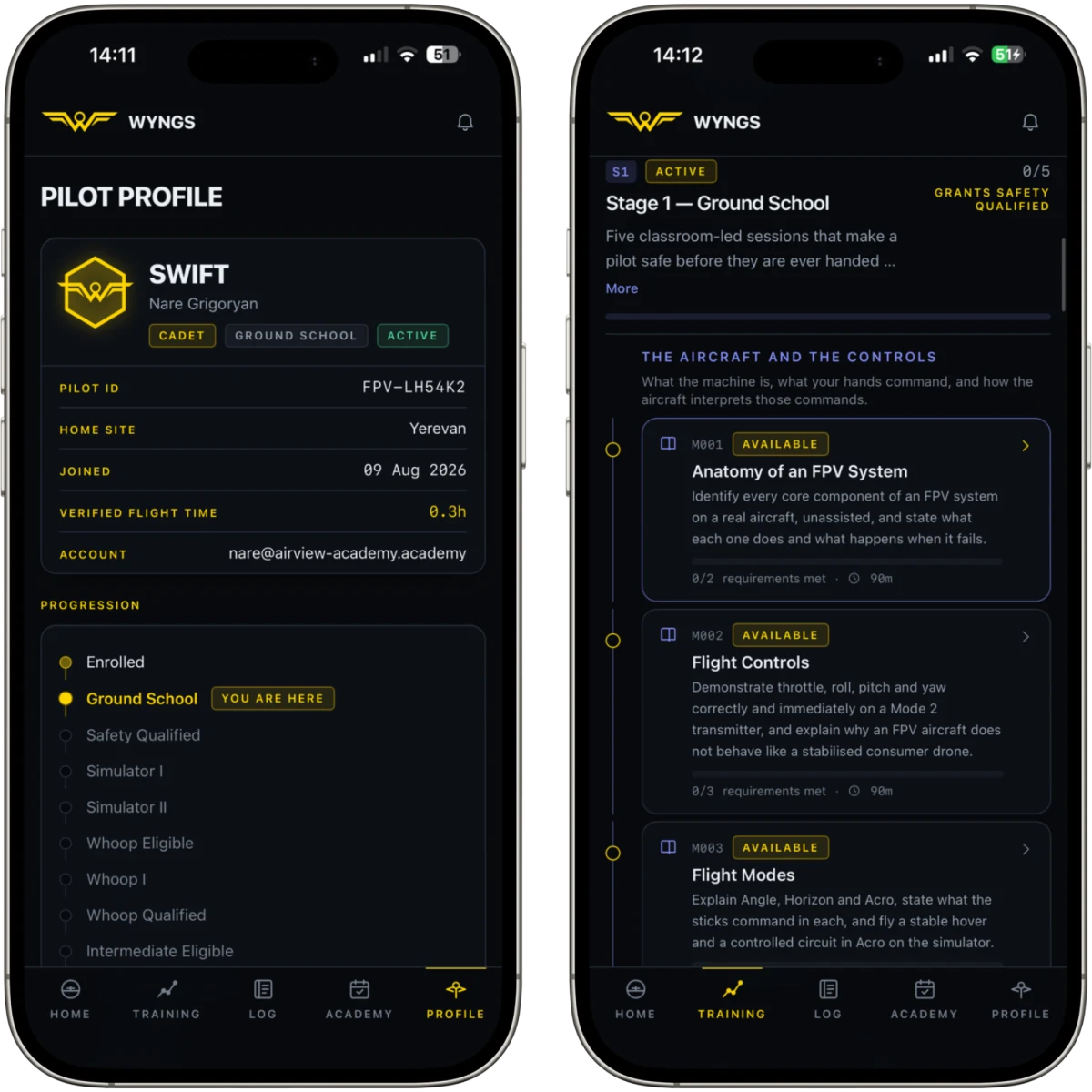 Two phones showing the WYNGS app: a pilot profile with callsign, pilot ID and progression track, and the Stage 1 Ground School mission list.