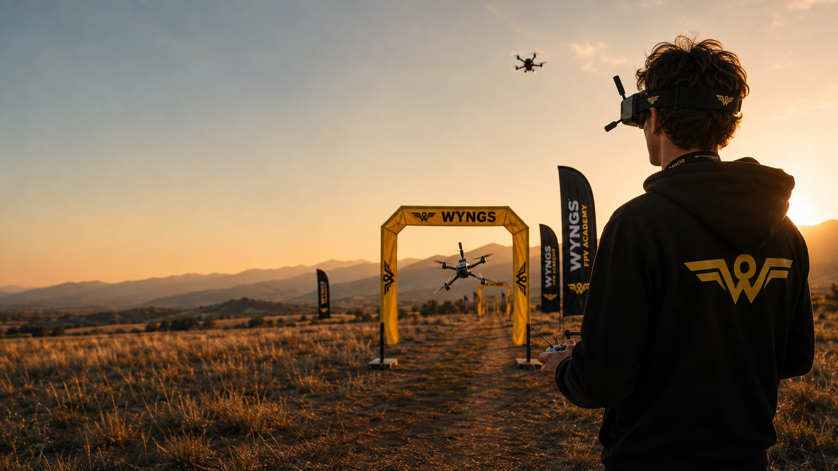 A WYNGS pilot in FPV goggles seen from behind at sunset, transmitter in hand, two quads flying a line of yellow WYNGS race gates across open grassland toward the mountains.